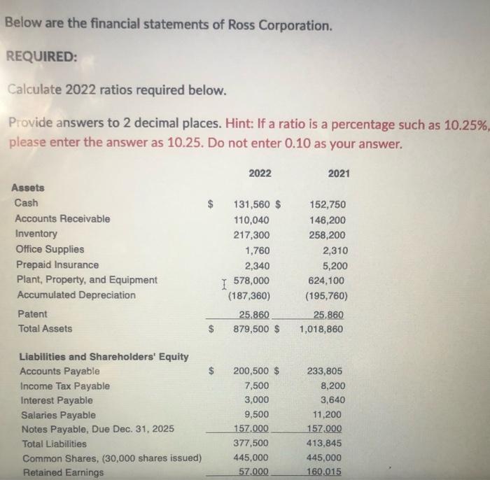 Solved Below are the financial statements of Ross | Chegg.com
