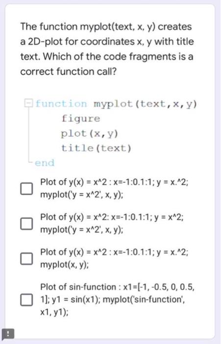 Solved The function myplot(text, x, y) creates a 2D-plot for | Chegg.com