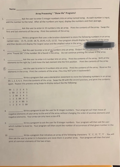 Solved Array Processing"Show Me Programa! Ask them to be | Chegg.com