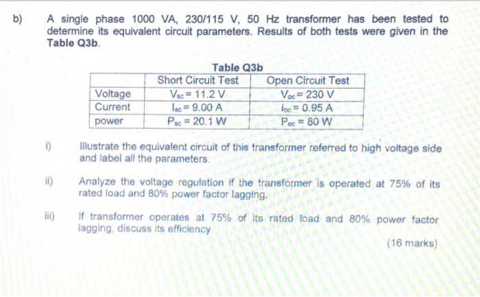 Solved b) A single phase 1000 VA, 230/115 V, 50 Hz | Chegg.com