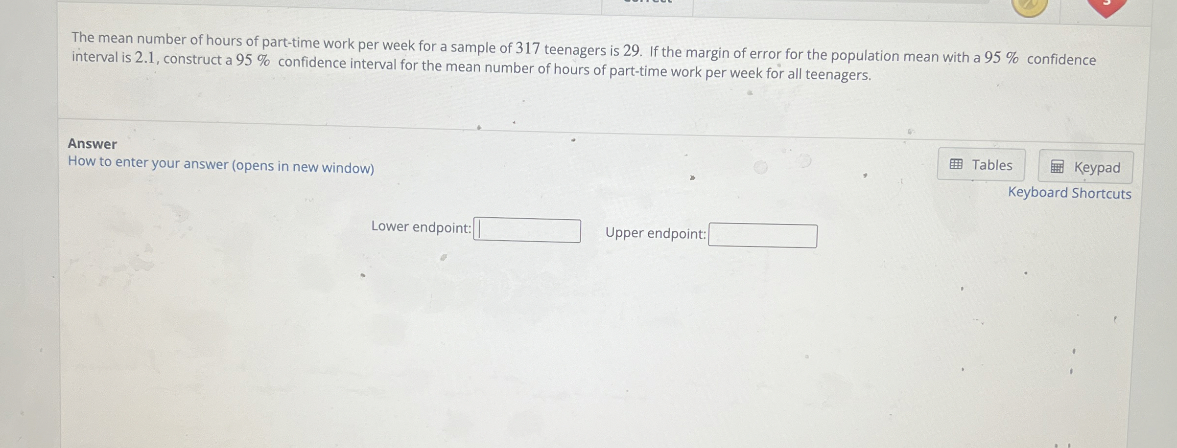 Solved The mean number of hours of part-time work per week | Chegg.com