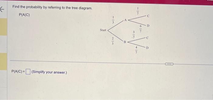 Find the probability by referring to the tree diagram.
\[
P(A \mid C)
\]
\[
P(A \mid C)=\quad \text { (Simplify your answer.)