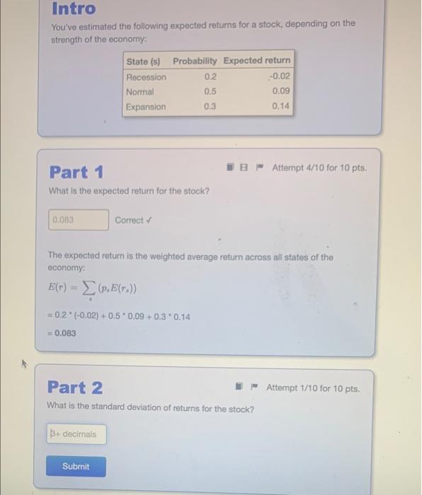 Solved Intro You've Estimated The Following Expected Returns | Chegg.com