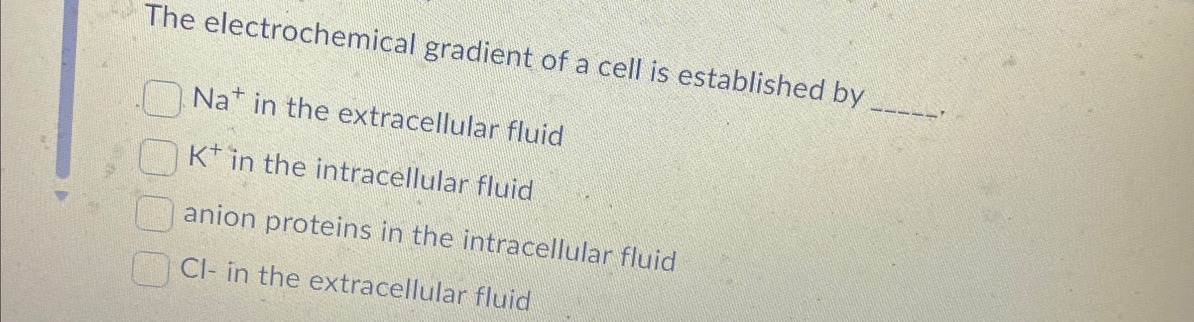 Solved The electrochemical gradient of a cell is established