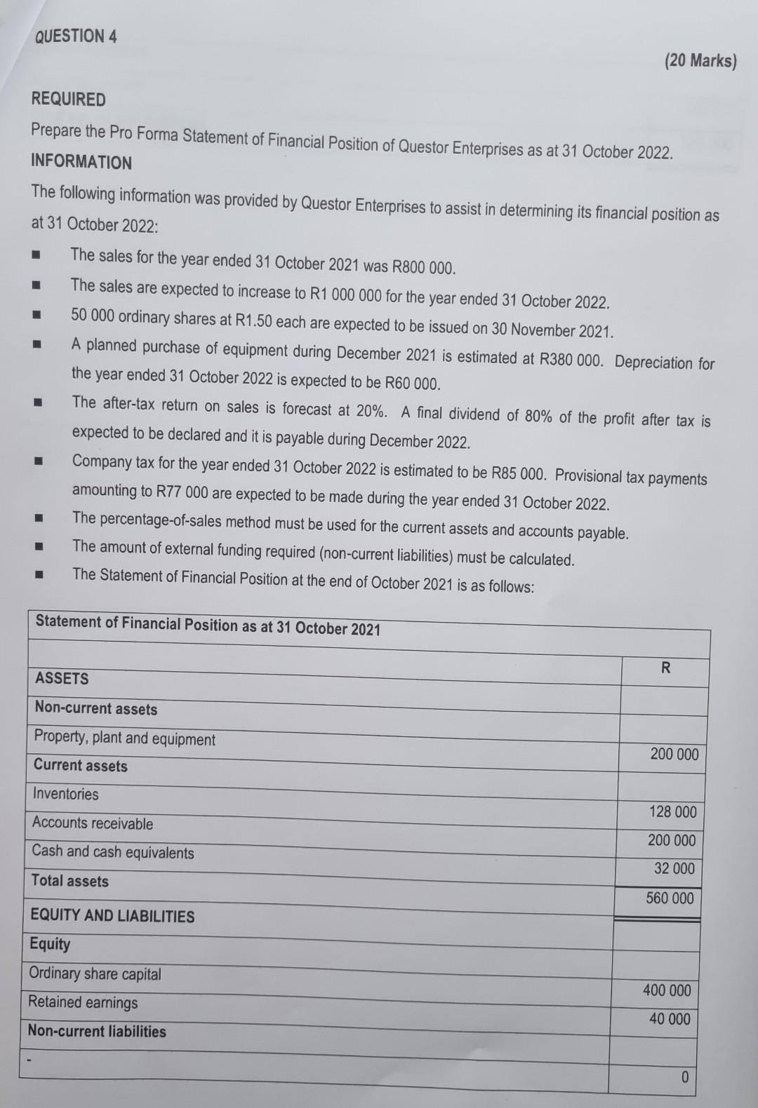 Solved QUESTION 4 (20 Marks) REQUIRED Prepare the Pro Forma | Chegg.com