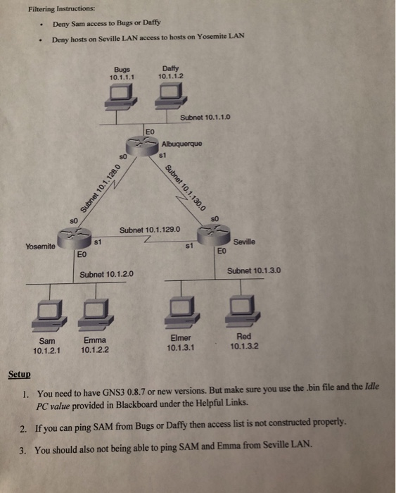 Filtering Instructions: . Deny Sam access to Bugs or Daffy • Deny hosts on Seville LAN access to hosts on Yosemite LAN Bugs D