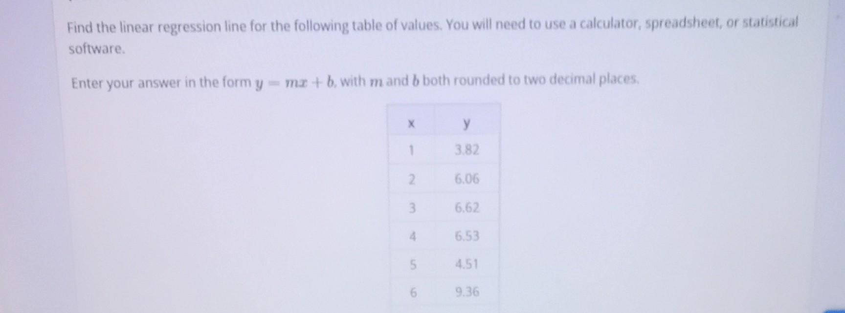 Solved Find the linear regression line for the following | Chegg.com