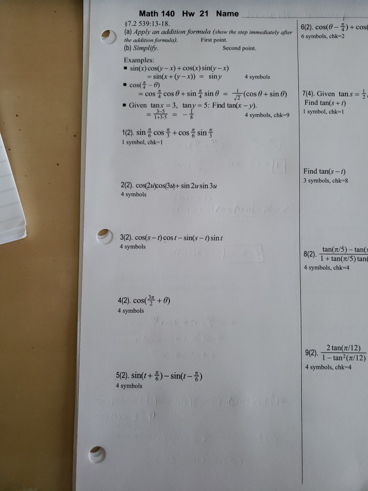 Solved 6 2 Cos 0 1 Cos 6 Symbols Chk 2 Math 140 Hw 21 Chegg Com