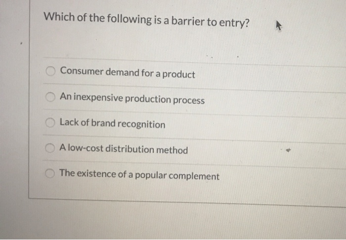 Solved Which Of The Following Is A Barrier To Entry? | Chegg.com