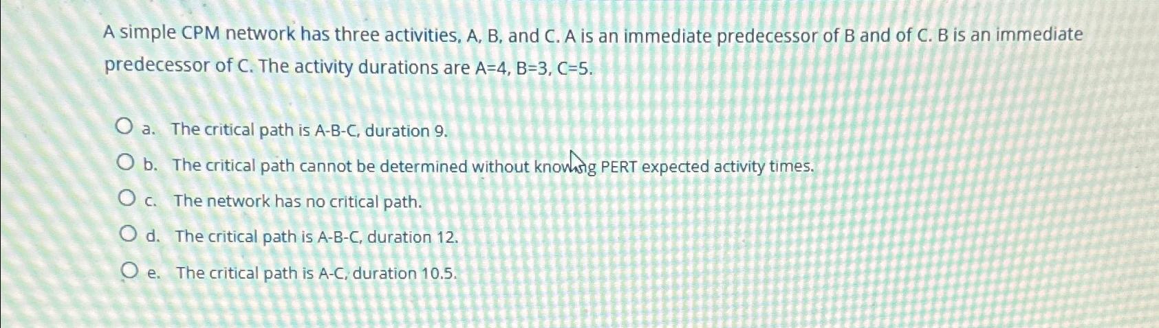 Solved A Simple CPM Network Has Three Activities, A, ﻿B, | Chegg.com