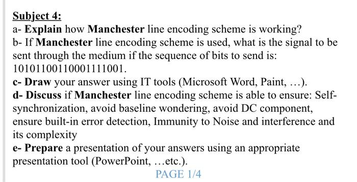 Solved Subject 4: a- Explain how Manchester line encoding | Chegg.com