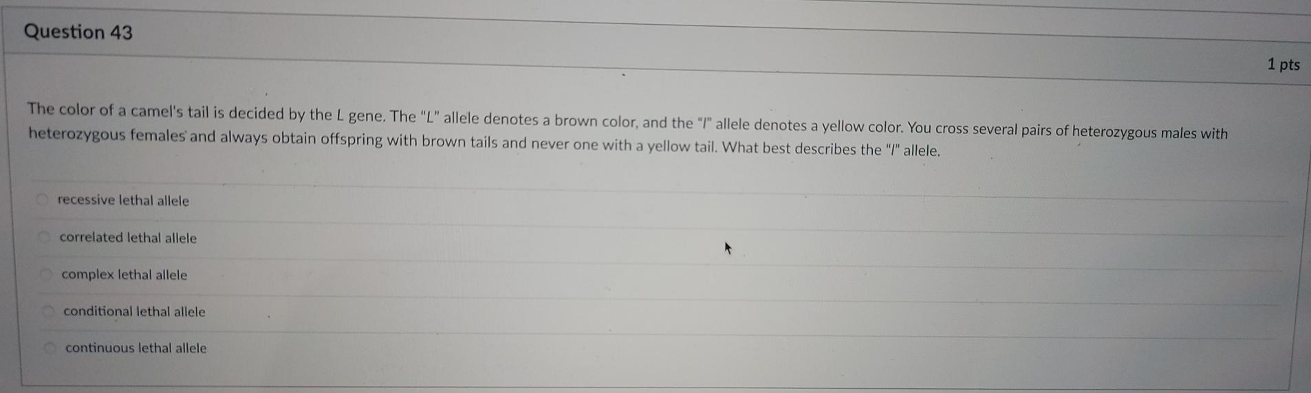 Question 43 1 pts The color of a camels tail is decided by the L gene. The L allele denotes a brown color, and the T all