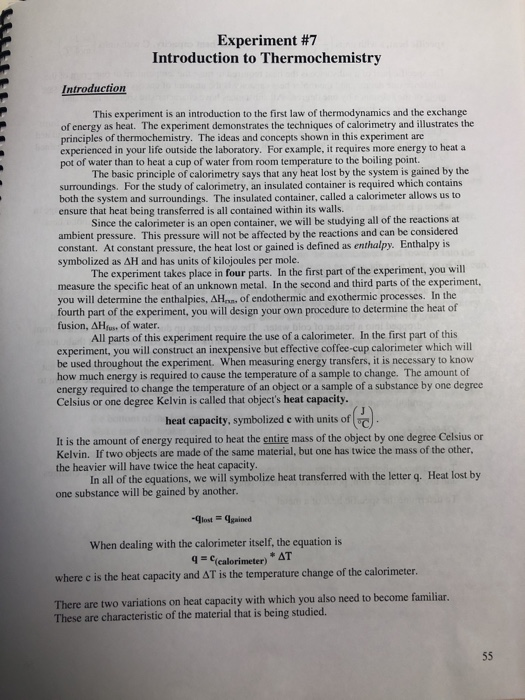 Solved Experiment #7 Introduction To Thermochemistry | Chegg.com