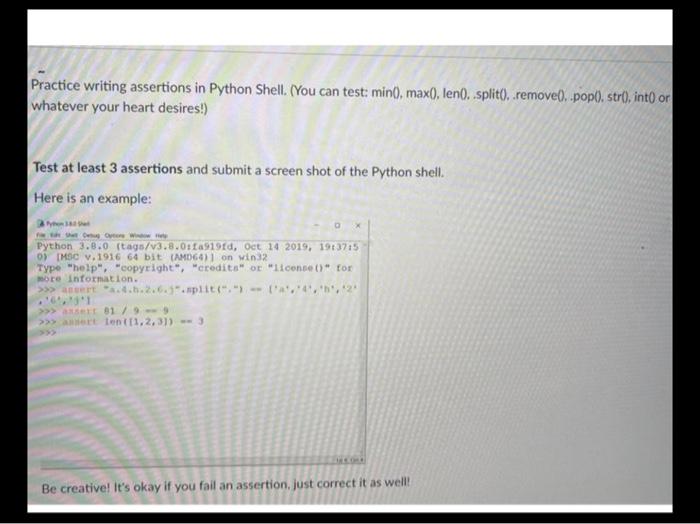 Solved Practice writing assertions in Python Shell. (You can | Chegg.com