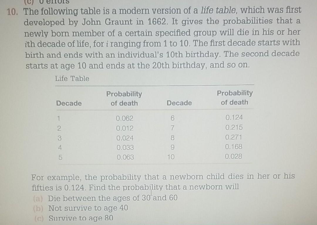 Solved 10. The following table is a modern version of a life | Chegg.com