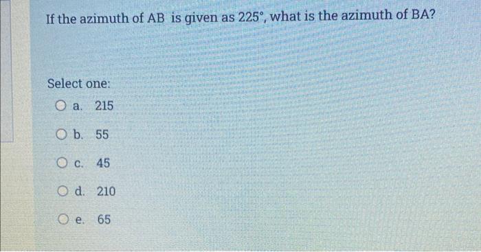 Solved If the azimuth of AB is given as 225∘, what is the | Chegg.com