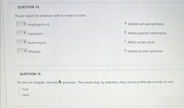 Solved Please match the antibiotic with its mode of action. | Chegg.com