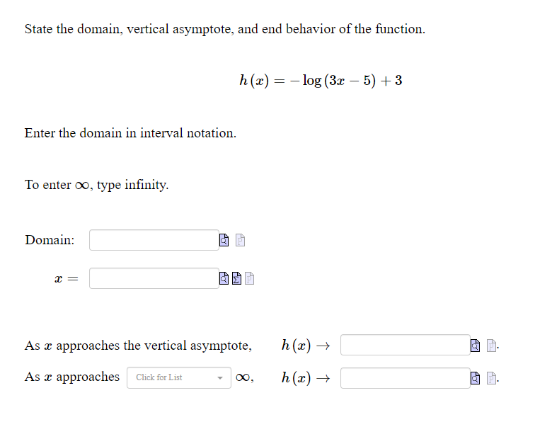 Solved State the domain, vertical asymptote, and end | Chegg.com