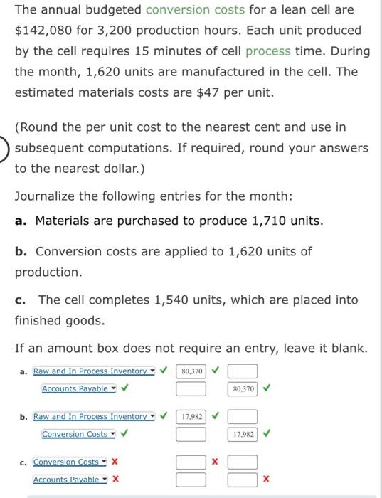 Solved The annual budgeted conversion costs for a lean cell | Chegg.com