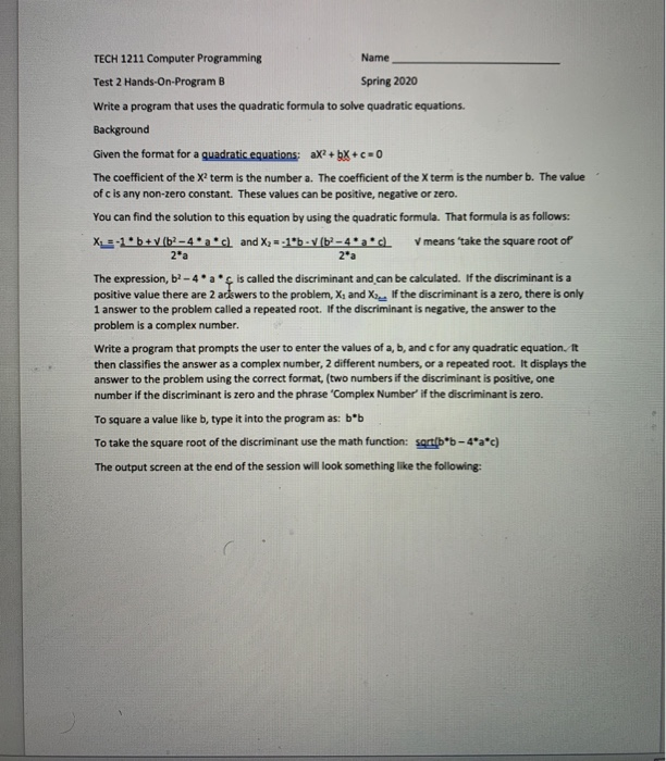 Solved TECH 1211 Computer Programming Name Test 2 | Chegg.com