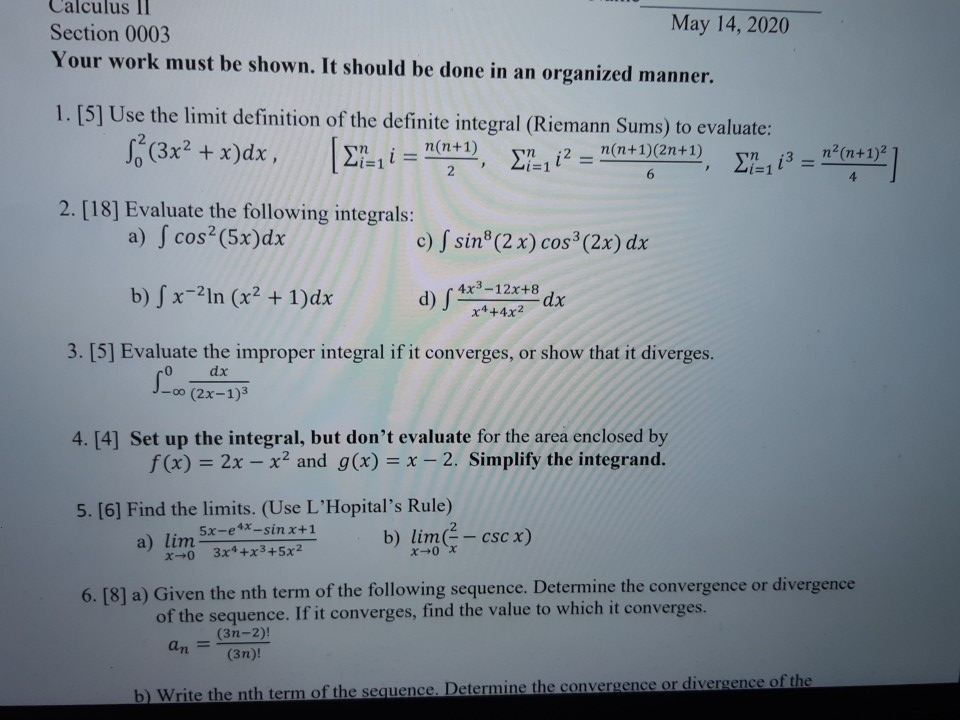 Solved Calculus Ii May 14 2020 Section 0003 Your Work Mu Chegg Com