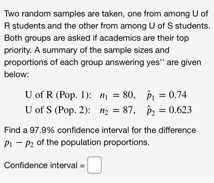 Solved Two random samples are taken, one from among U of R | Chegg.com
