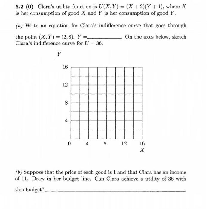 Solved 5.2 (0) Clara's utility function is U(X,Y) = (x + | Chegg.com