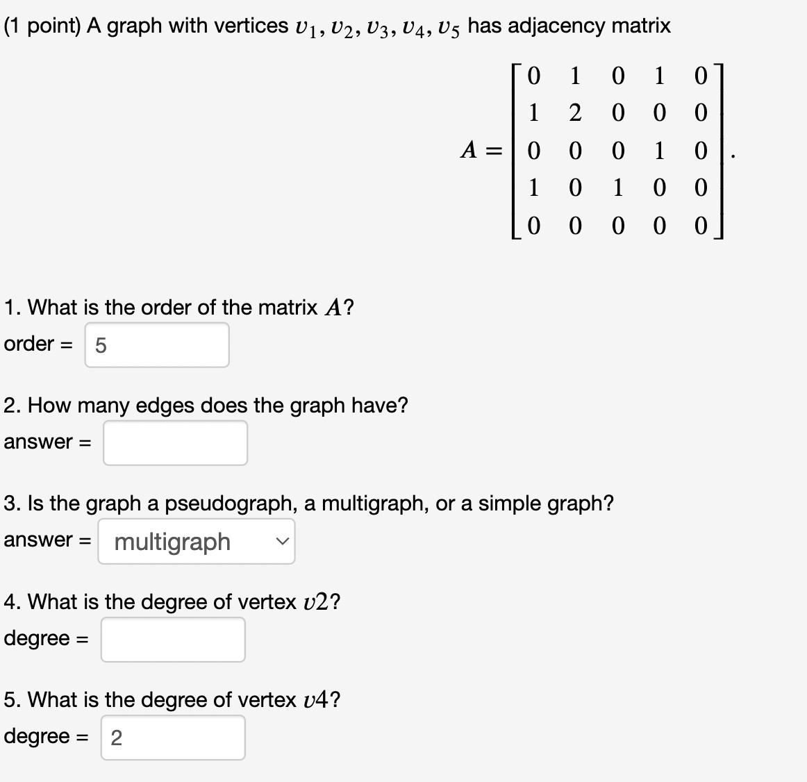 Solved (1 ﻿point) ﻿A graph with vertices v1,v2,v3,v4,v5 ﻿has | Chegg.com