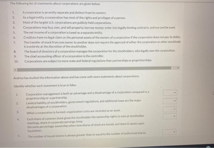 Solved 4 The following list of statements about corporations | Chegg.com