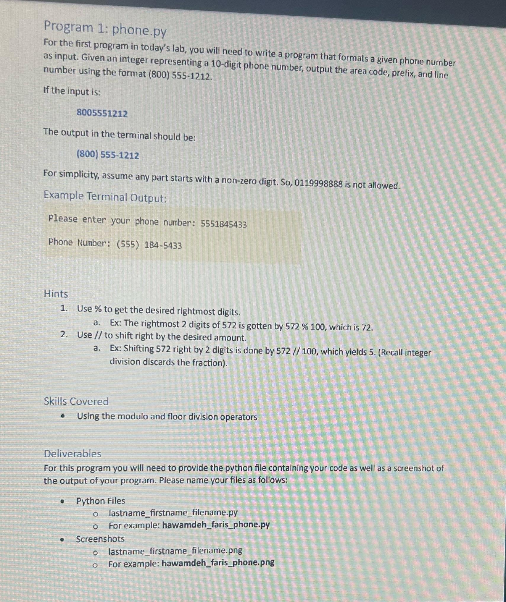 Solved Program 1: phone.pyFor the first program in today's | Chegg.com