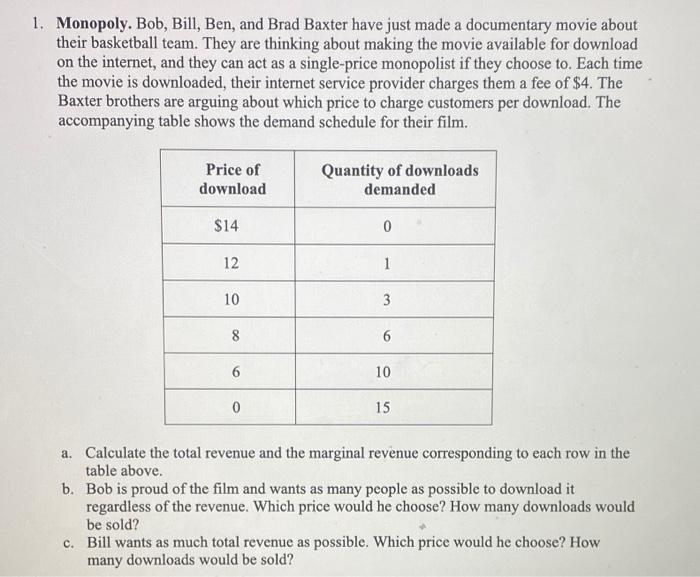 Solved 1. Monopoly. Bob Bill Ben and Brad Baxter have Chegg