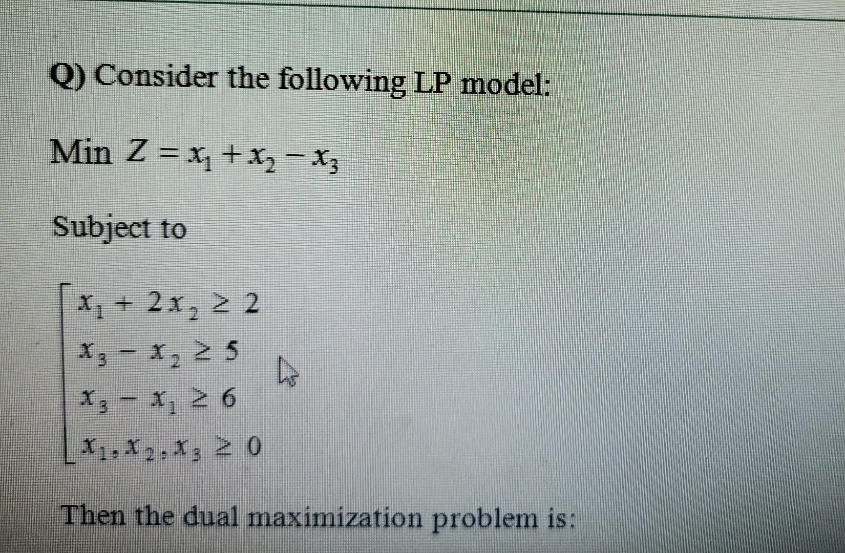 Solved Q) Consider the following LP model: Min Z = x1 + x2 – | Chegg.com