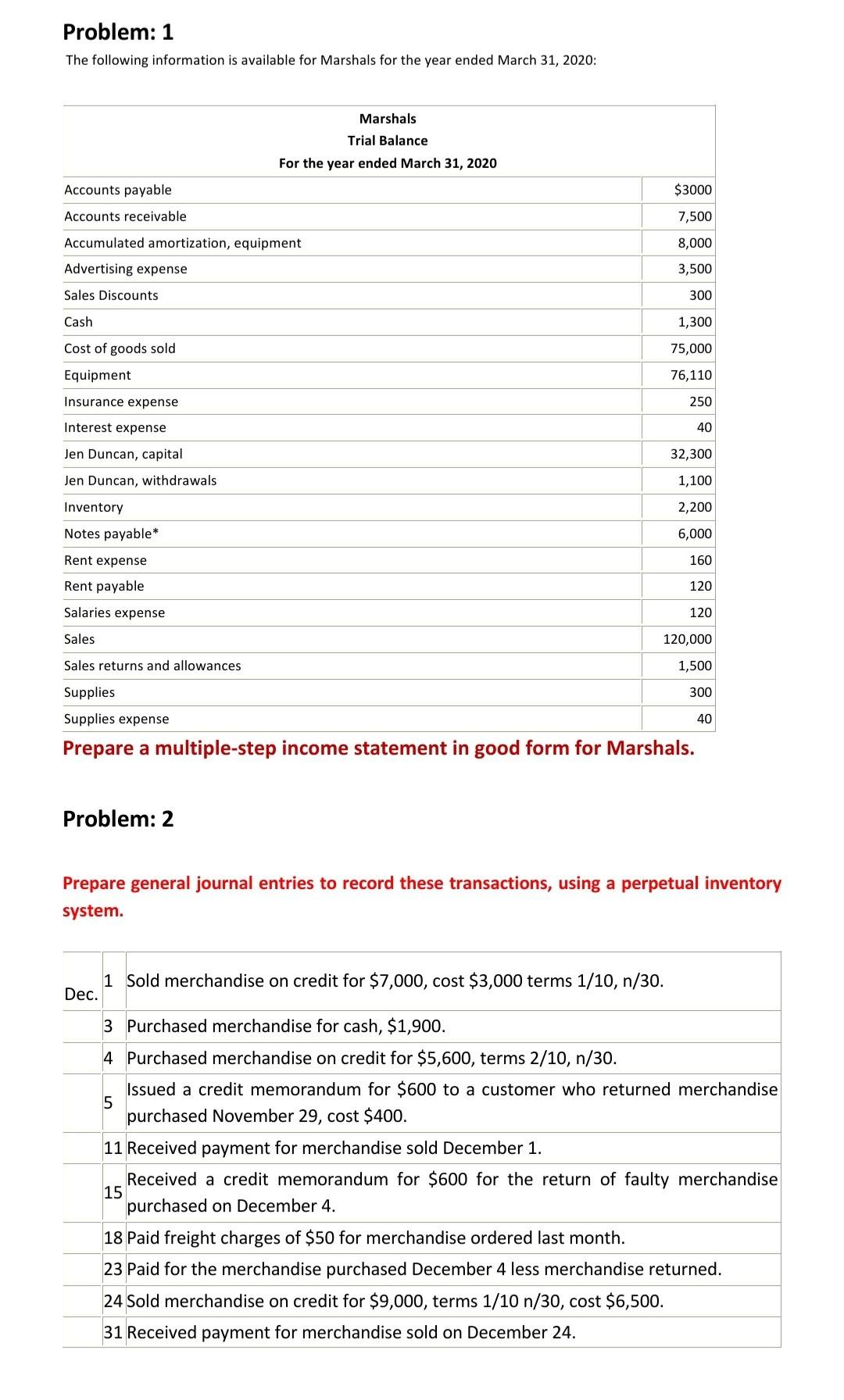 Solved Problem: 1 The following information is available for