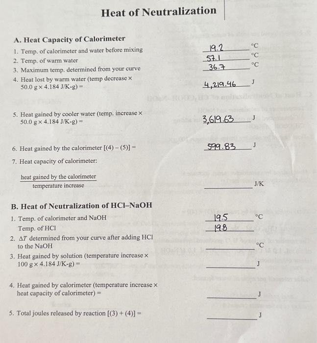 Solved Heat of Neutralization A. Heat Capacity of
