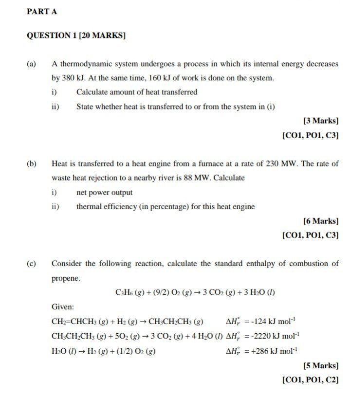 Solved PART A QUESTION 1 [20 MARKS] (a) A thermodynamic | Chegg.com