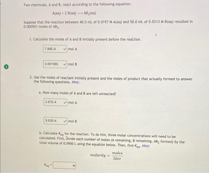 Solved Two chemicals, A and B, react according to the | Chegg.com