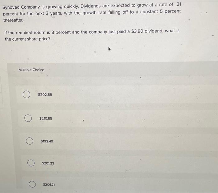 Solved Synovec Company is growing quickly. Dividends are | Chegg.com