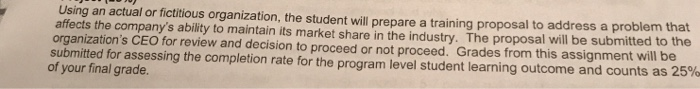 Using an actual or fictitious organization, the student will prepare a training proposal to address a problem that affects th