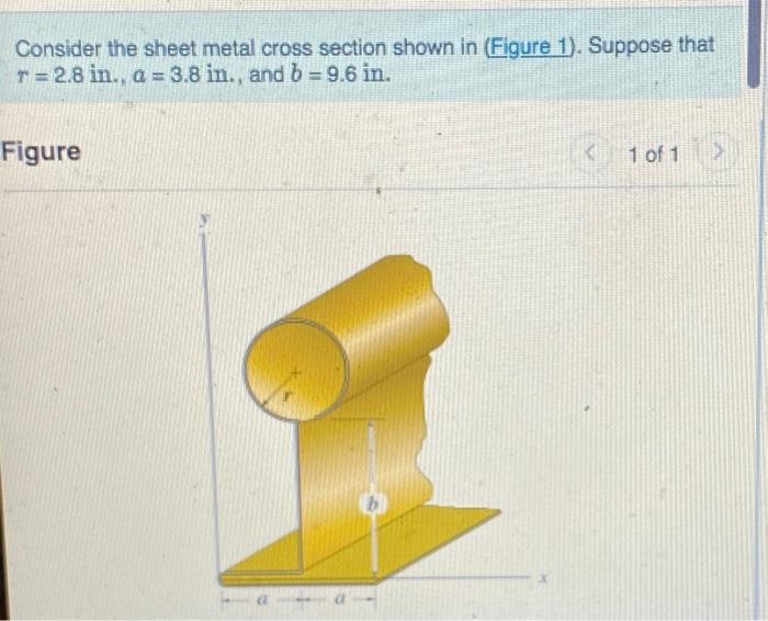 Consider the sheet metal cross section shown in (Figure 1). Suppose that \( r=2.8 \) in., \( a=3.8 \) in., and \( b=9.6 \) in