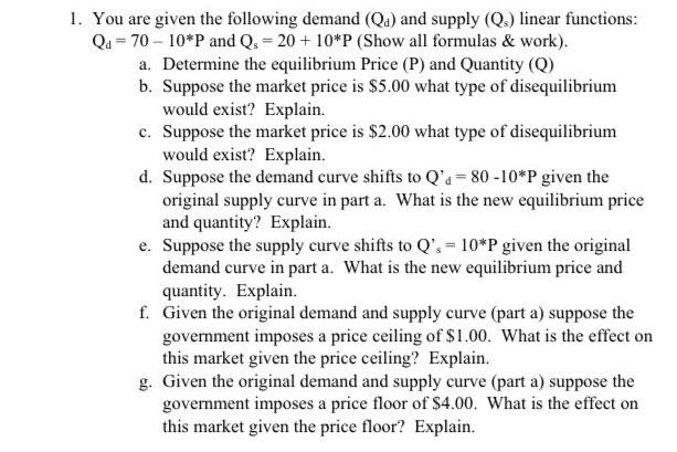 Solved You are given the following demand (Qd) and supply | Chegg.com
