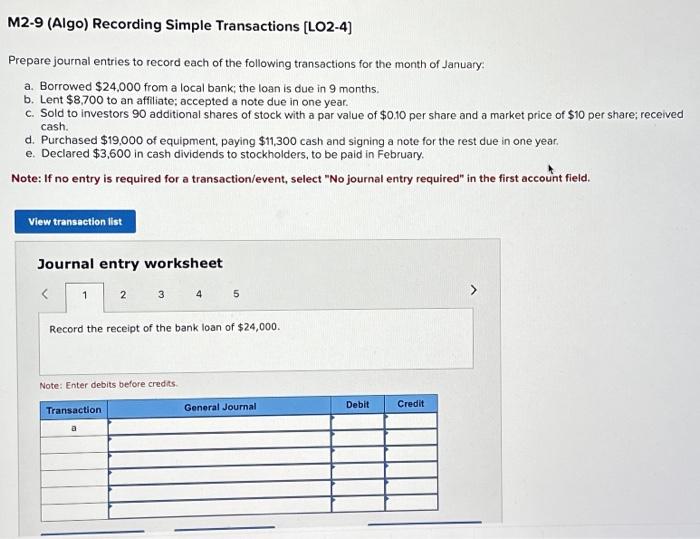 Solved M2-9 (Algo) Recording Simple Transactions [LO2-4] | Chegg.com