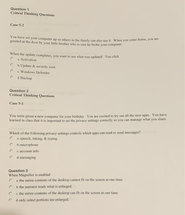Solved Question 1 Critical Thinking Questions Case 5-2 You | Chegg.com