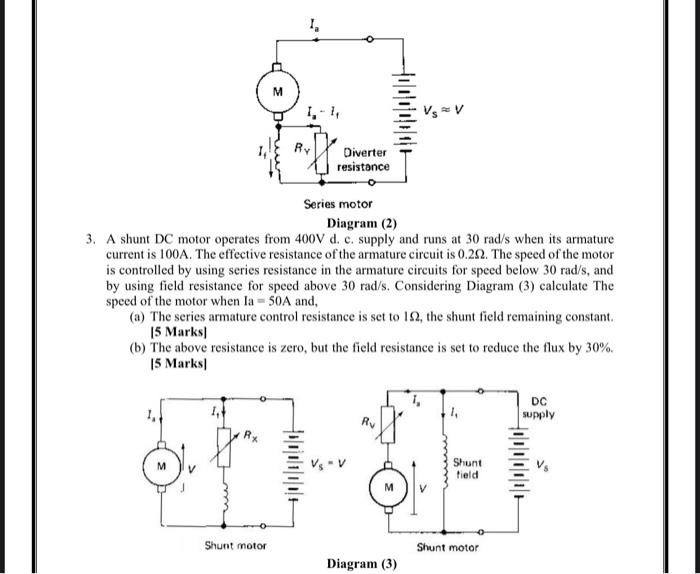 M
M
1,-1,
RY
Diverter
resistance
Series motor
Diagram (2)
3. A shunt DC motor operates from 400V d. c. supply and runs at 30 