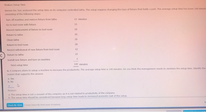 Solved Reduce Setup Time Vernon Inc Has Analyzed The Set