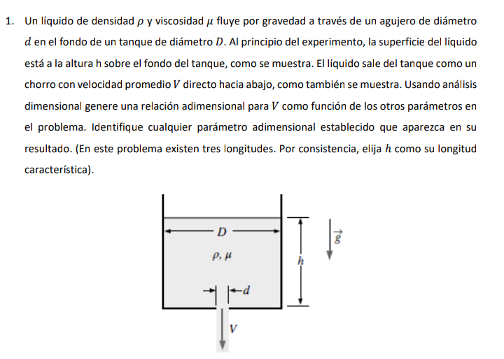 1. Un líquido de densidad \( \rho \) y viscosidad \( \mu \) fluye por gravedad a través de un agujero de diámetro \( d \) en