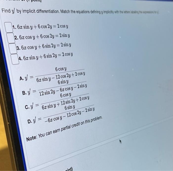 Find \( y \) by implicit differentiation. Match the equations defining y implictif with the ethes ebery the exremsior \[ \b