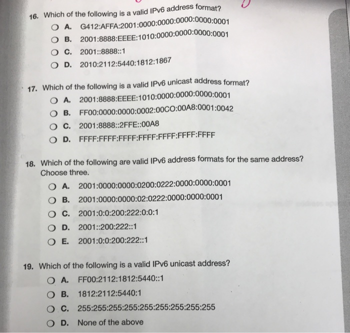 Solved 16. Which of the following is a valid IPv6 address