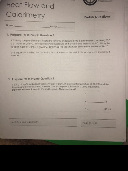 COMMNITY cOUrGE Heat Flow and Calorimetry Prelab