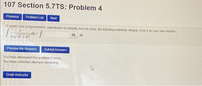 Solved 107 Section 5.7TS: Problem 1 Provious Problem List | Chegg.com