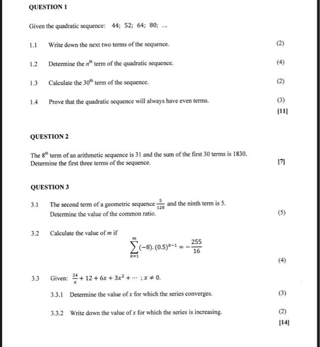 Solved QUESTION 1 Given the quadratic sequence: | Chegg.com